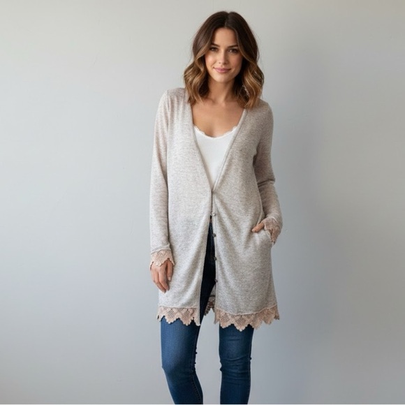Free People Sweaters - Free People Lace Trim Longline Cardigan | Size Small